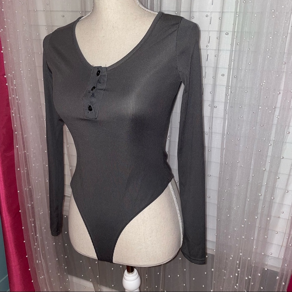 Grey Ribbed Button Up BodySuit - Picture 3 of 7